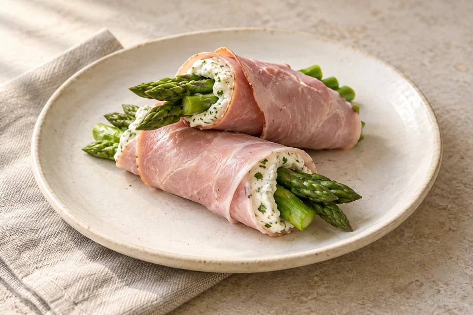 AI-generated serving suggestion for Ham & Asparagus Parcels: Chilled asparagus wrapped in roast ham, with a soft goat-cheese and lemon filling.