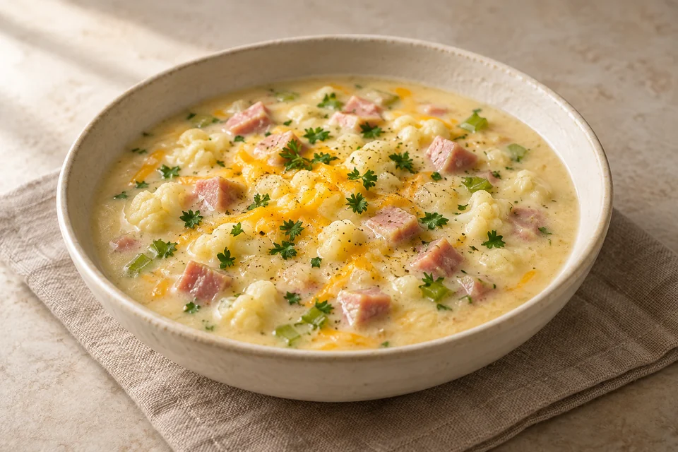 AI-generated serving suggestion for Ham, Cauliflower & Cheddar Soup: A thick cauliflower soup with diced roast ham, melted cheddar and a little cream.