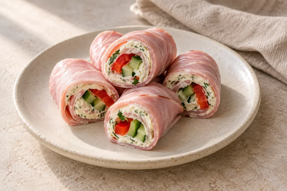 AI-generated serving suggestion for Ham & Cream Cheese Pepper Rolls: Thin roast ham wrapped around cream cheese and crunchy pepper, sliced into small cold rolls.