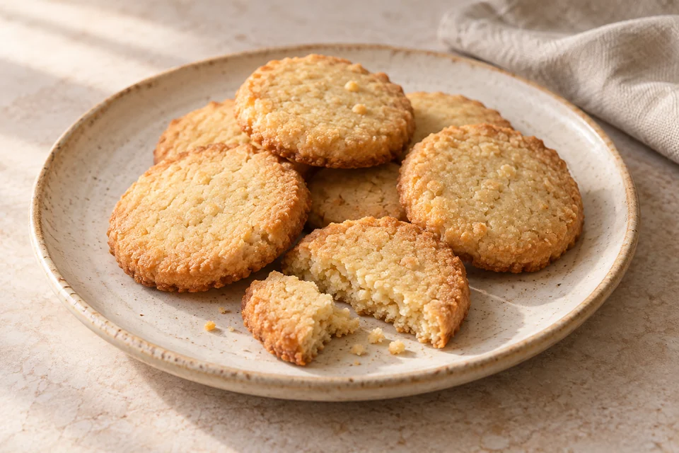 AI-generated serving suggestion for Lemon Almond Shortbread. Small, crumbly almond rounds with butter and lemon, lightly sweetened with measured sugar.