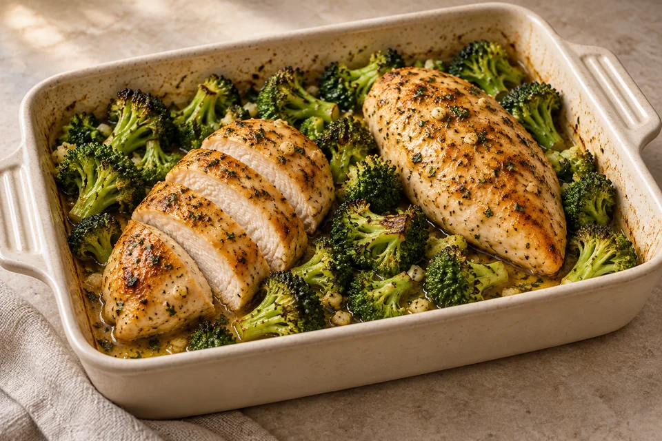 AI illustration of golden lemon mustard chicken breasts and roasted broccoli in a ceramic baking dish.