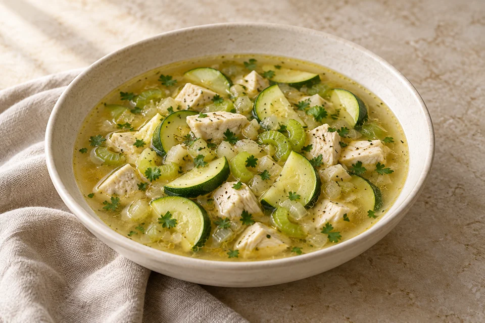 AI-generated serving suggestion for Lemon Chicken & Zucchini Soup: A light chicken soup with zucchini ribbons, tender celery and a fresh lemon finish.
