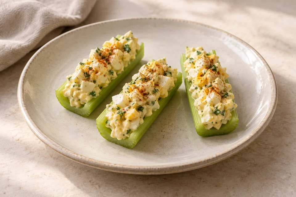 AI-generated serving suggestion for Lemon Egg Salad Celery Boats: Tender chopped eggs in a tangy yogurt-mayonnaise dressing, spooned into crisp celery.