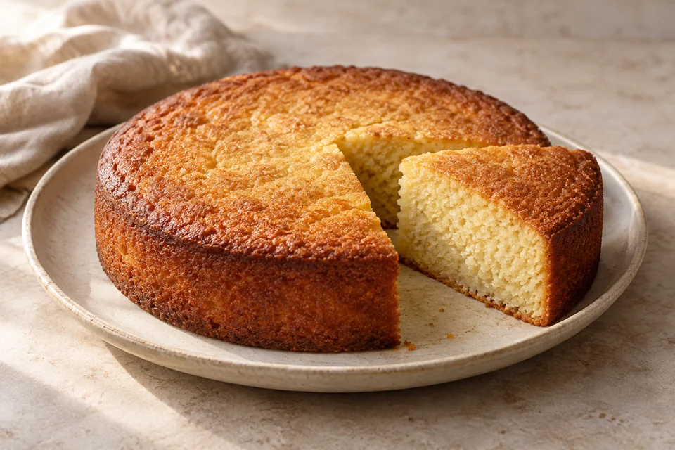 AI-generated serving suggestion for Lemon Ricotta Almond Cake. A lightly sweetened ricotta cake with almond meal, lemon and a soft, close crumb.
