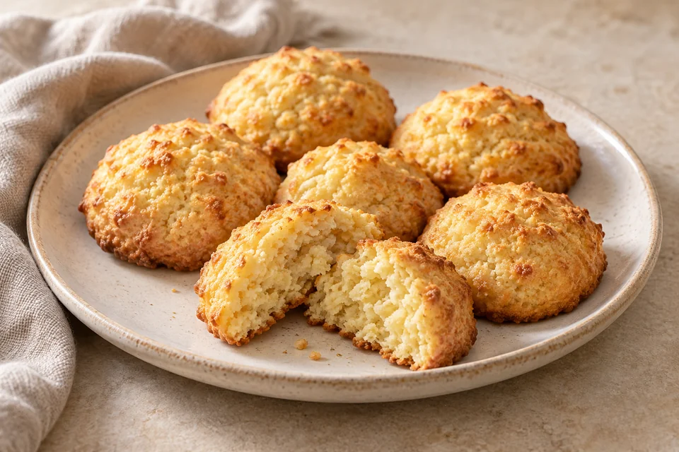 AI-generated serving suggestion for Lemon Ricotta Cookie Puffs. Soft spooned ricotta cookies with lemon, vanilla and almond meal.