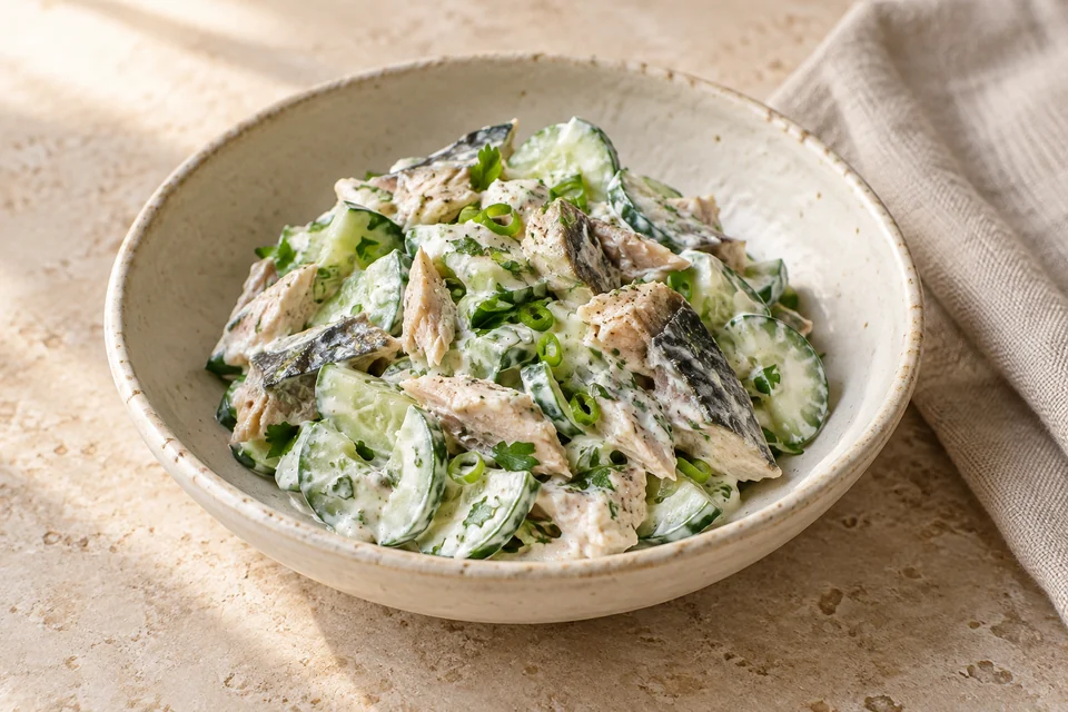 AI-generated serving suggestion for Mackerel & Yogurt Cucumber Salad: Flakes of chilled cooked mackerel with cucumber, spring onion and a lemon-yogurt dressing.