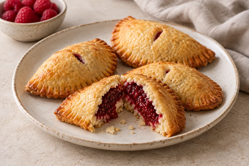 AI-generated serving suggestion for Mini Raspberry Almond Turnovers. Small cheese-and-almond pastry pockets filled with a thick raspberry and chia mixture.