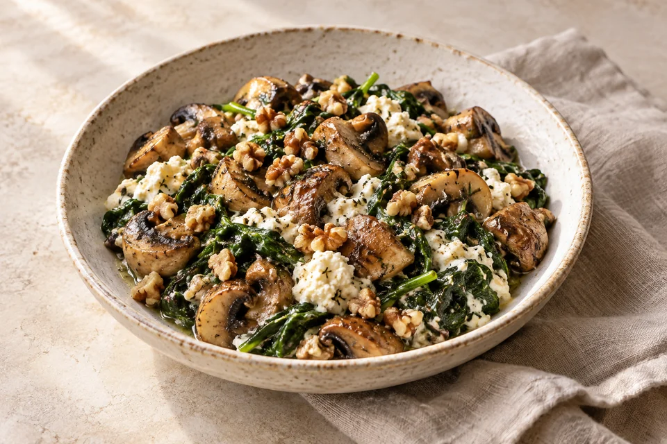 AI-generated serving suggestion for Mushroom, Spinach & Ricotta Skillet. Deeply browned mushrooms with wilted spinach, soft ricotta and toasted walnuts.
