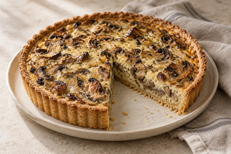 AI-generated serving suggestion for Mushroom & Thyme Cream Tart. A nutty almond shell with browned mushrooms, thyme and a gentle cream custard.