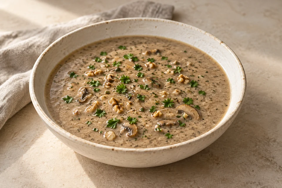 AI-generated serving suggestion for Mushroom & Walnut Soup: A deeply savory mushroom soup made creamy with walnuts and a little sour cream.