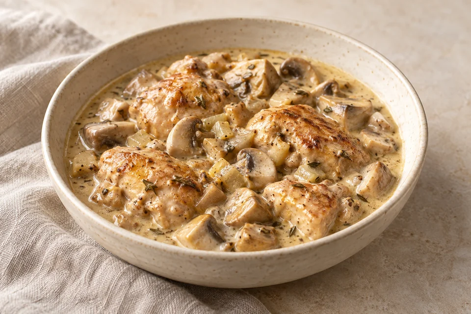 AI-generated serving suggestion for Mustard Chicken & Mushroom Pot. Boneless thighs simmer with mushrooms and mustard in a simple cream sauce.
