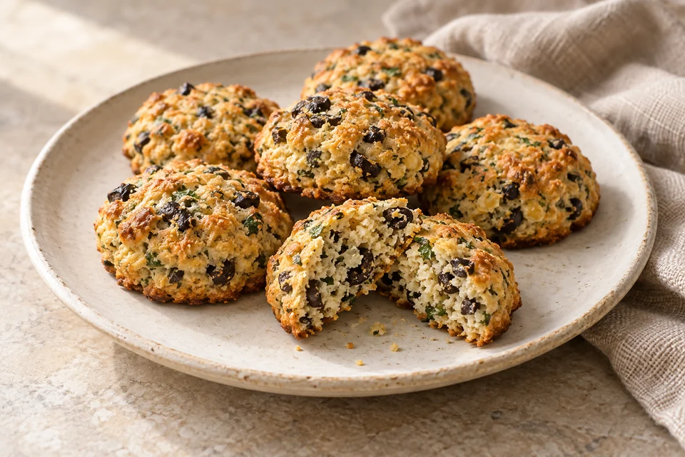 AI-generated serving suggestion for Olive & Parsley Savory Biscuits. Small crumbly almond biscuits with chopped olives, Parmesan and parsley.