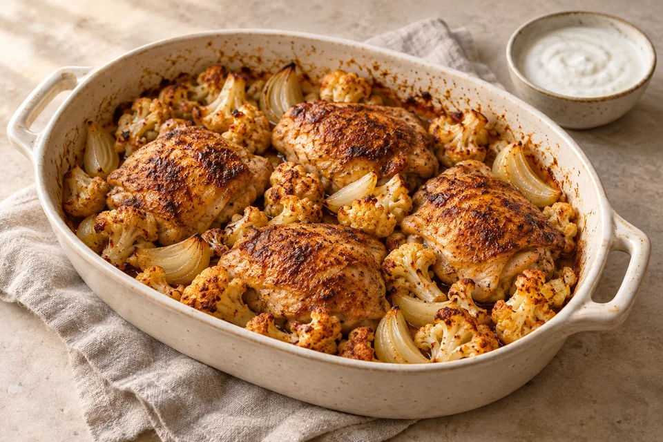 AI-generated serving suggestion for Paprika Chicken & Cauliflower Bake. Boneless chicken thighs and cauliflower roast together with smoky paprika and a tangy yogurt finish.