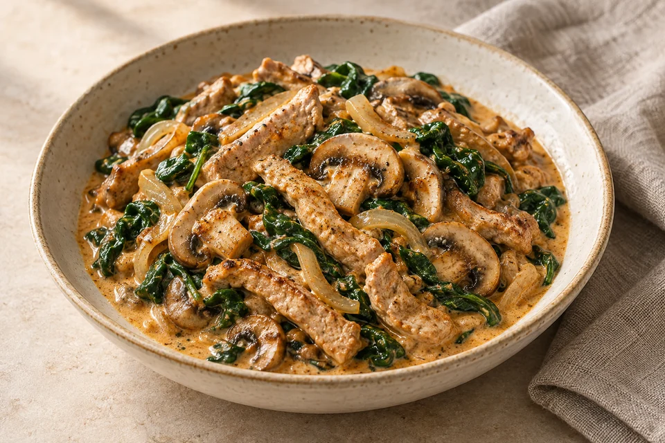 AI-generated serving suggestion for Paprika Pork & Mushroom Skillet. Thin strips of tenderloin, browned mushrooms and a mellow paprika sour cream sauce.