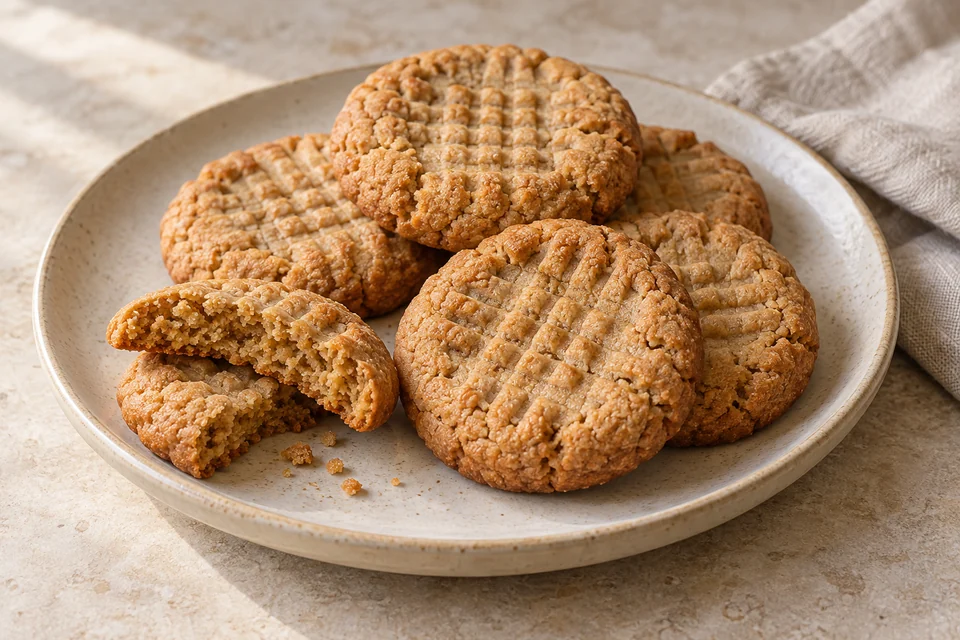 AI-generated serving suggestion for Peanut Vanilla Almond Cookies. Tender peanut butter cookies with almond meal and a fork-marked top.