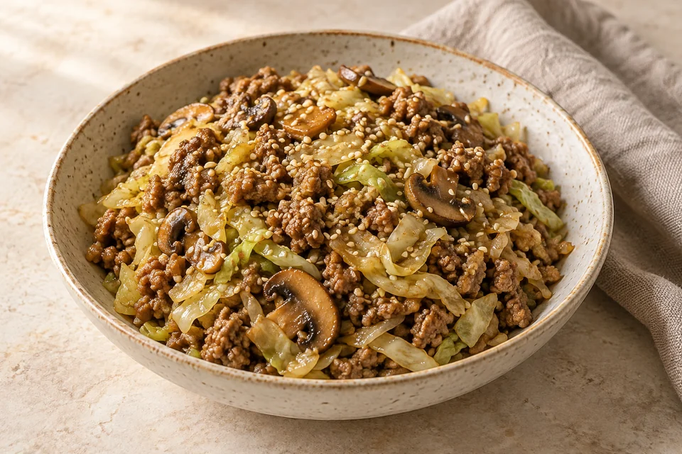 AI-generated serving suggestion for Pork, Cabbage & Ginger Bowls. A ginger-scented pork and cabbage skillet finished with sesame seeds and a sharp splash of cider vinegar.