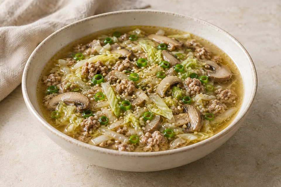 AI-generated serving suggestion for Pork, Cabbage & Ginger Soup: A clear ginger broth with small pieces of pork, shredded cabbage and sesame.