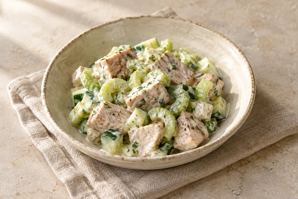 AI-generated serving suggestion for Chilled Pork & Celery Mustard Salad: Tender pork medallions with crunchy celery and a creamy mustard dressing, served as a small cold salad.