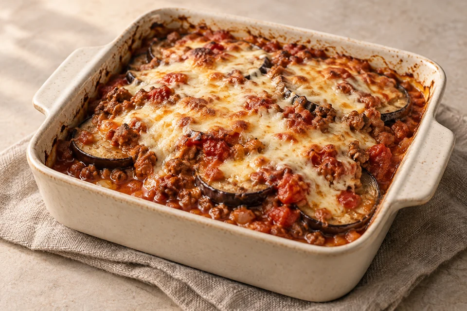 AI-generated serving suggestion for Pork & Eggplant Oven Bake. Roasted eggplant layered with a thick pork tomato sauce and a bubbling mozzarella top.