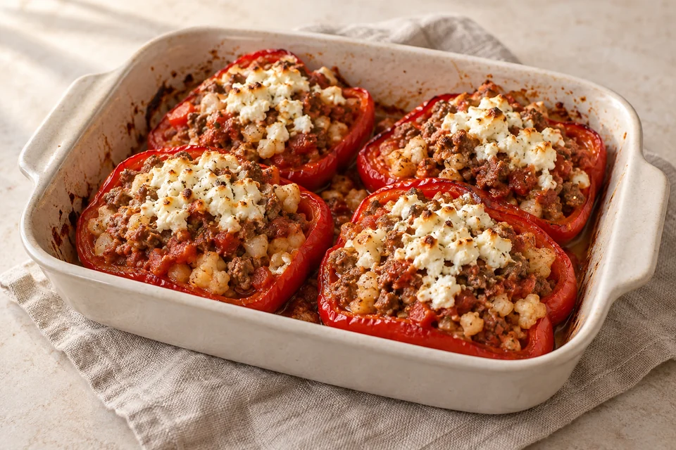 AI-generated serving suggestion for Pork & Feta Stuffed Peppers. Roasted pepper halves filled with pork, cauliflower and tomato, with crumbled feta on top.