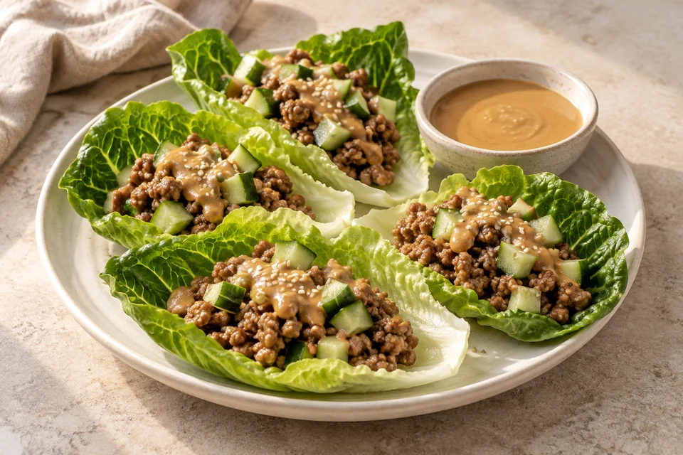 AI-generated serving suggestion for Pork Lettuce Cups with Peanut Sauce. Warm ginger pork in crisp lettuce leaves with cucumber and a measured peanut dressing.