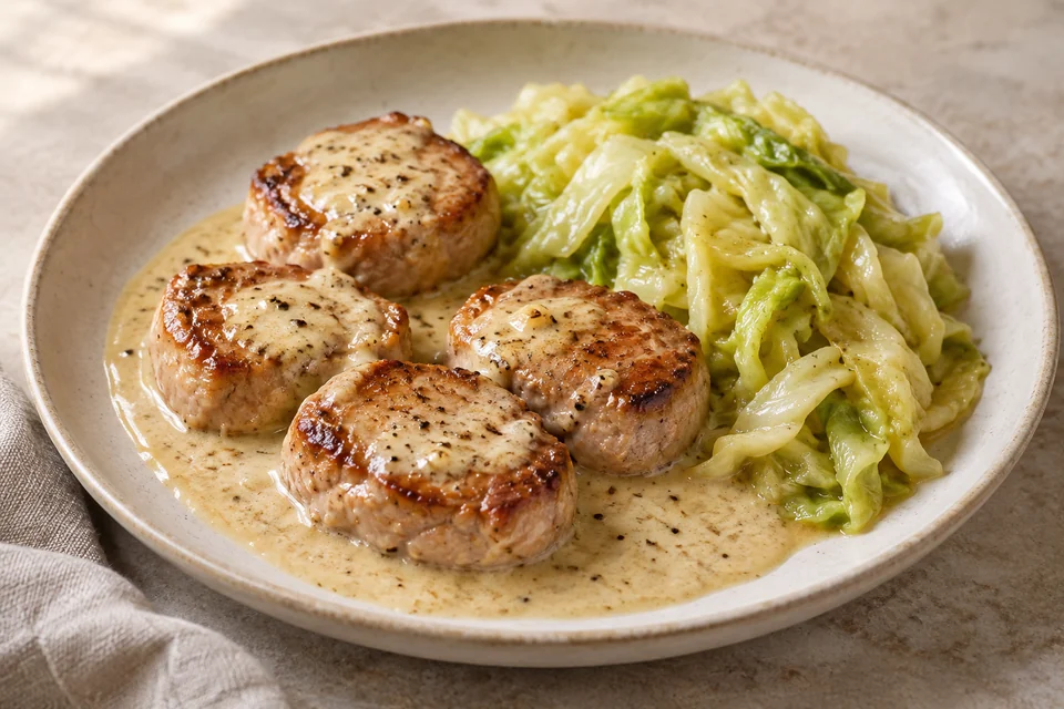 AI illustration of seared pork medallions in mustard cream sauce beside tender cabbage.