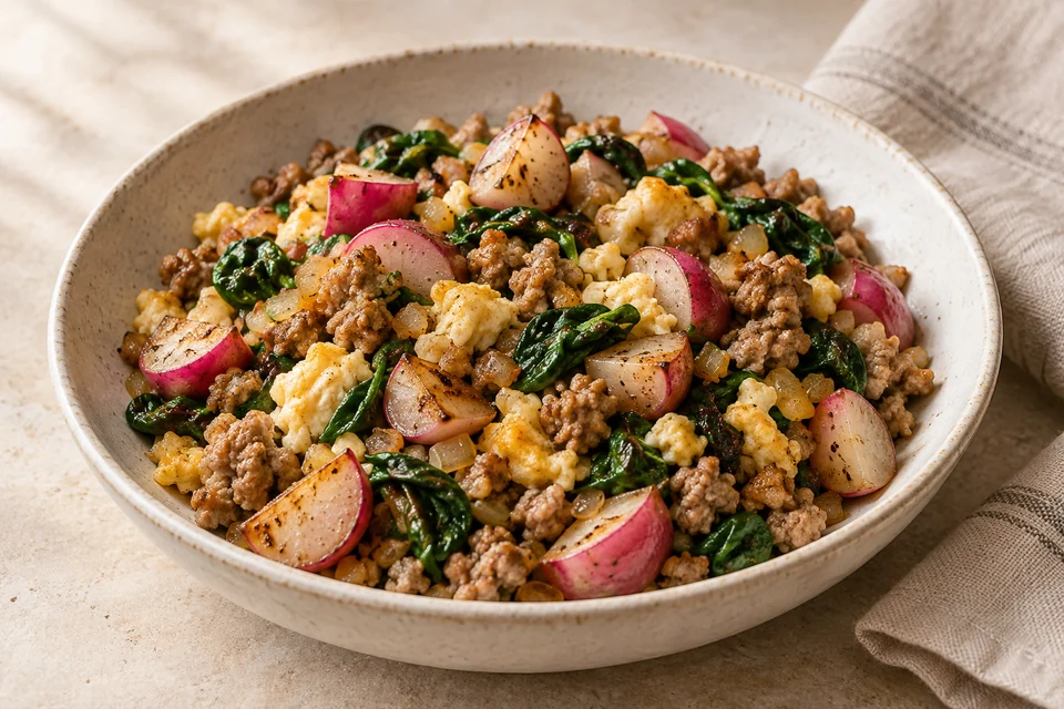 AI-generated serving suggestion for Pork & Radish Breakfast Hash. Golden radishes and seasoned pork finished with softly set eggs in one skillet.