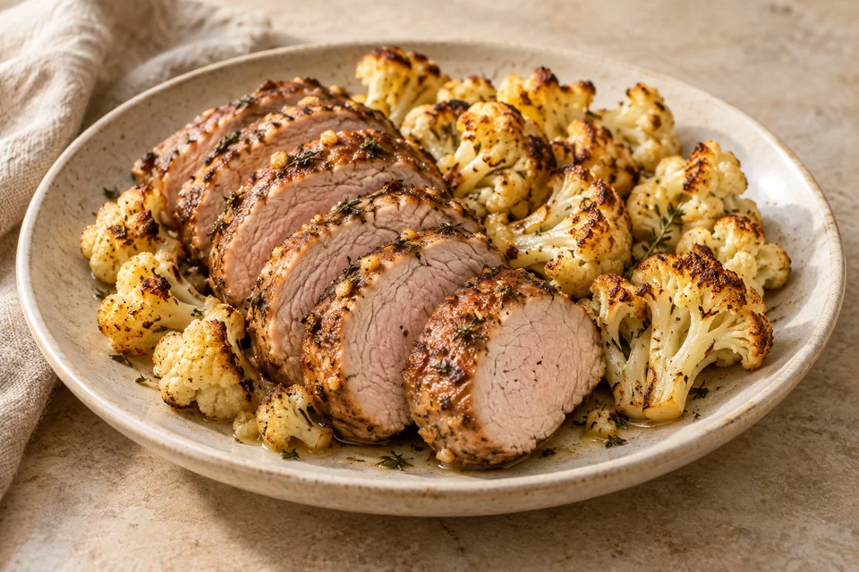 AI-generated serving suggestion for Roast Pork Tenderloin & Lemon Cauliflower. A whole roasted tenderloin with caramelized cauliflower, lemon and thyme.