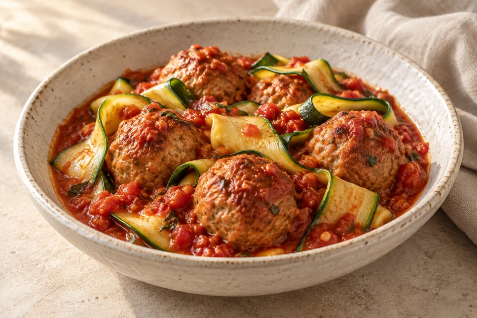 AI-generated serving suggestion for Pork Meatballs with Zucchini & Tomato. Soft pork and Parmesan meatballs simmered in tomato sauce with thick ribbons of zucchini.
