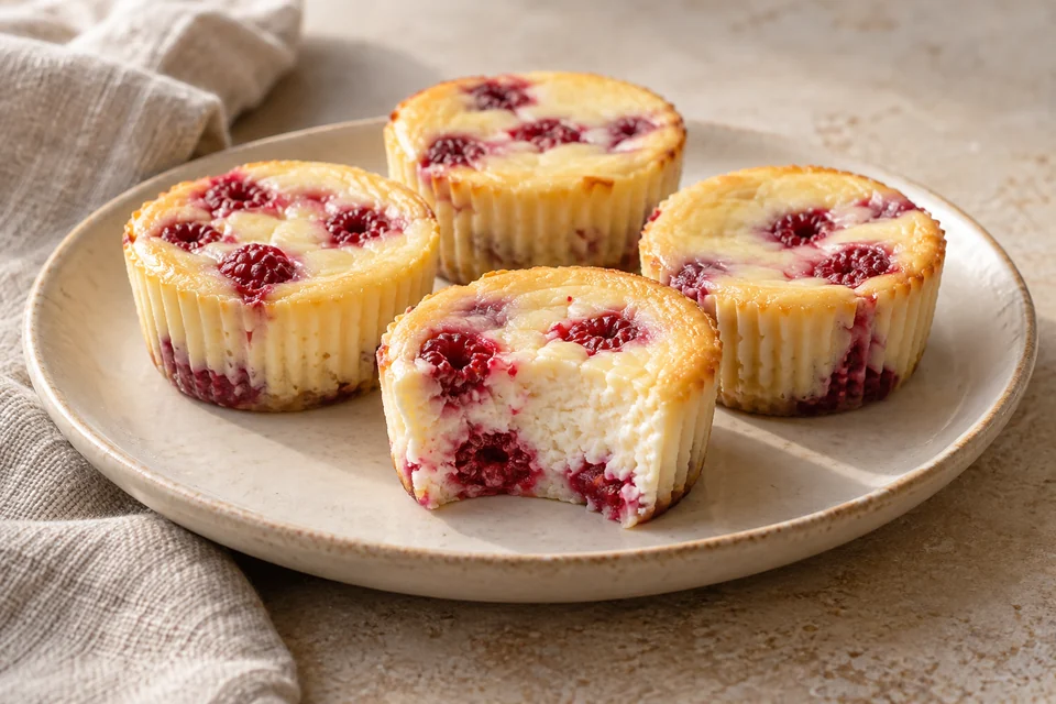AI-generated serving suggestion for Raspberry Cream Cheese Cups. Individual crustless cheesecakes with raspberries and a soft vanilla filling.