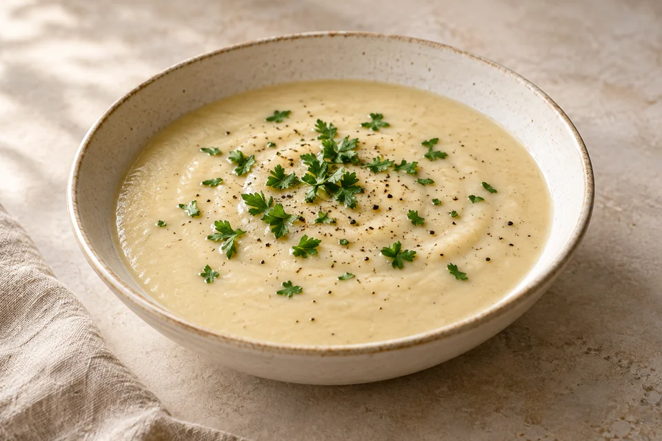 AI-generated serving suggestion for Roasted Cauliflower & Garlic Soup: Roasted cauliflower blended into a velvety soup with garlic, cream and a parsley finish.