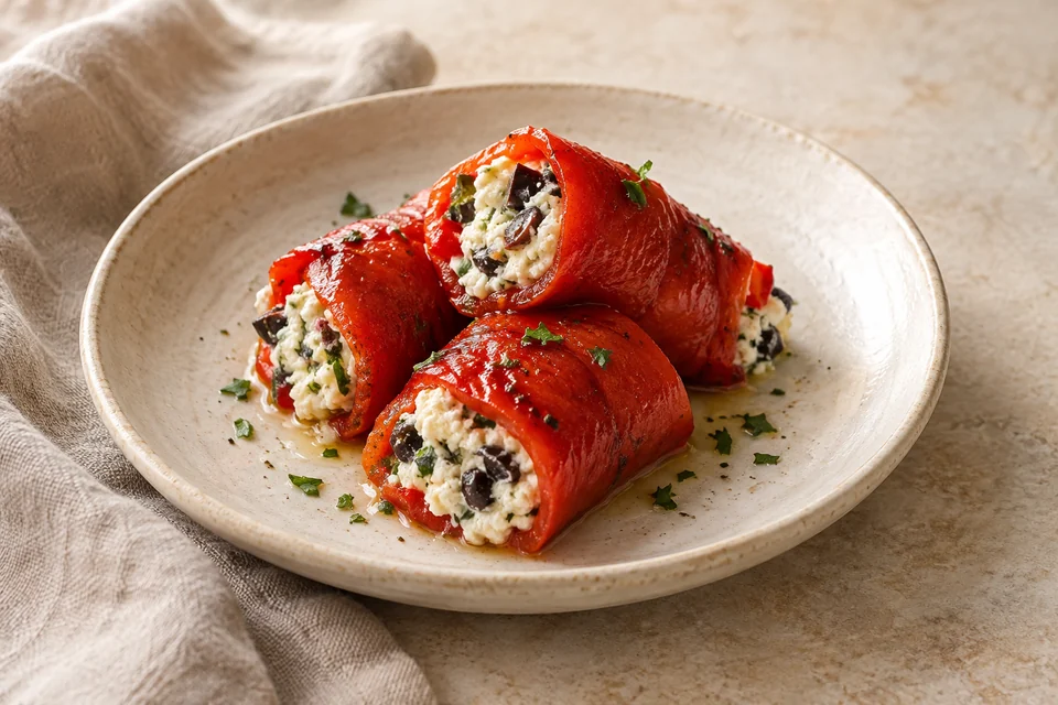 AI-generated serving suggestion for Roasted Pepper & Ricotta Rolls: Soft strips of roasted red pepper rolled around lemon ricotta and chopped olives.