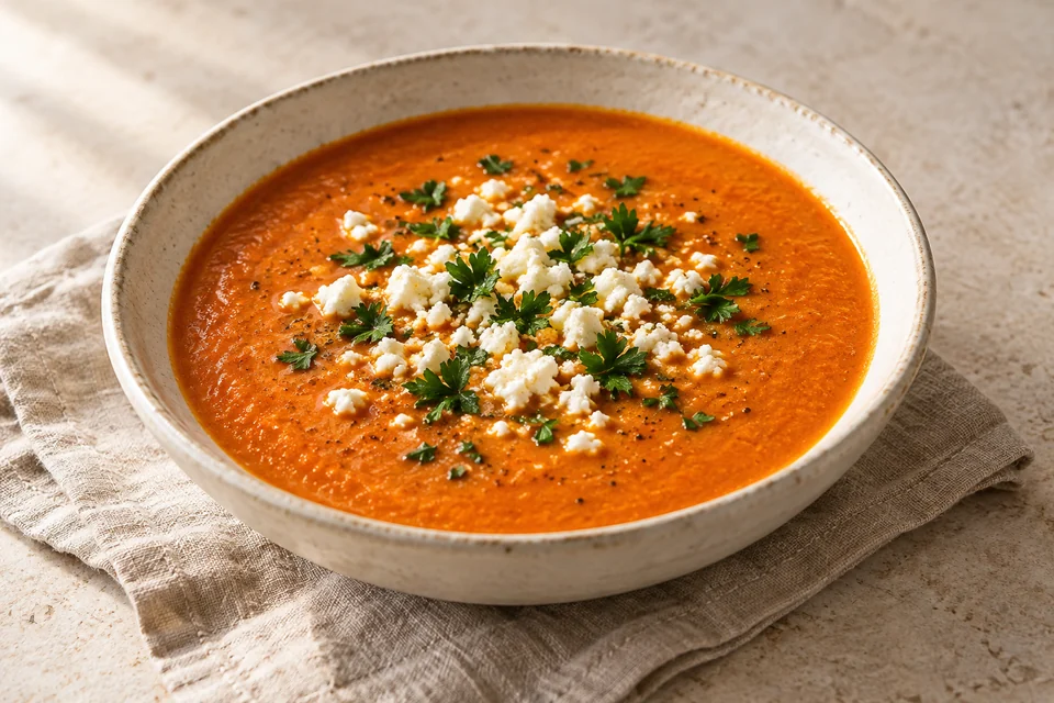 AI-generated serving suggestion for Roasted Pepper, Tomato & Feta Soup: A smooth roasted pepper and tomato soup topped with crumbled feta and parsley.
