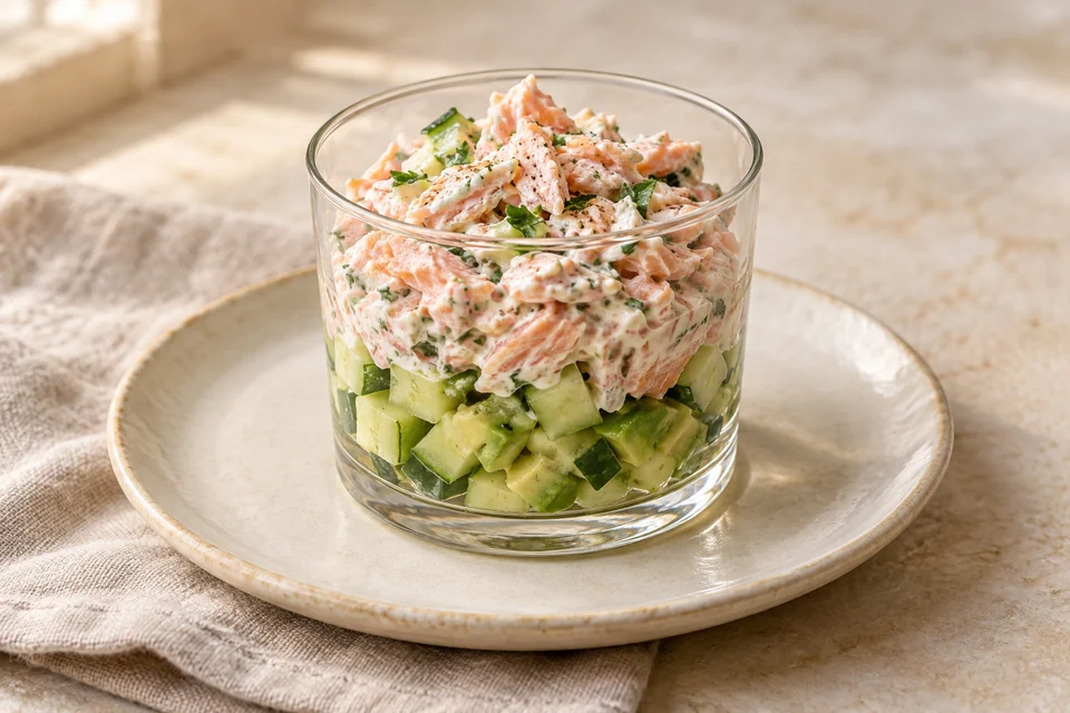 AI-generated serving suggestion for Salmon & Avocado Starter Pots: Chilled cooked salmon layered over lemony avocado and crisp cucumber in small starter pots.
