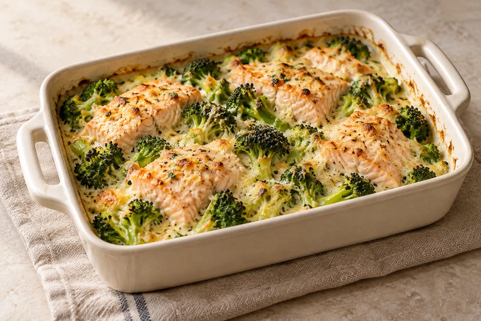 AI-generated serving suggestion for Salmon & Broccoli Cream Bake. Flaked salmon and tender broccoli under a thin Parmesan cream topping.