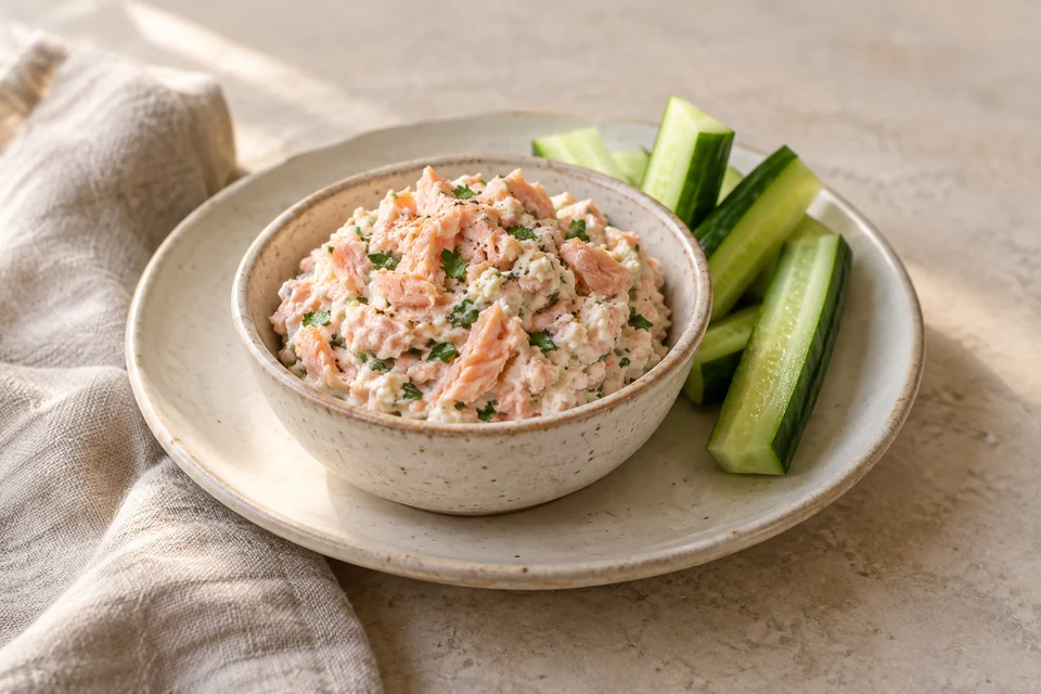 AI-generated serving suggestion for Salmon & Cauliflower Lemon Spread: A chilled cooked-salmon spread softened with cauliflower and cream cheese, served with cucumber sticks.