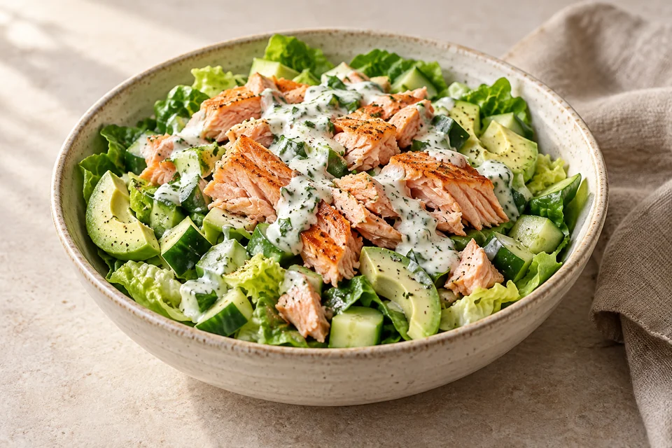 AI-generated serving suggestion for Salmon & Cucumber Yogurt Bowls. Warm flaked salmon over crisp lettuce, avocado and cucumber with lemon yogurt.