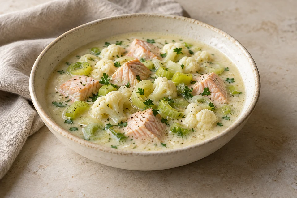 AI-generated serving suggestion for Salmon, Leek & Cauliflower Soup: A creamy salmon soup with leek and cauliflower in place of potato.