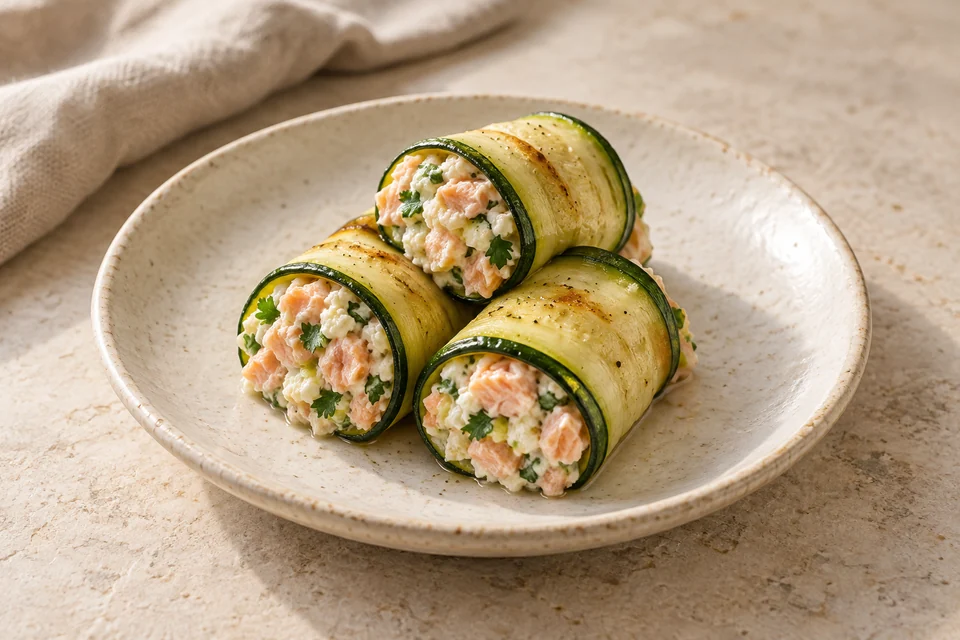 AI-generated serving suggestion for Salmon & Ricotta Zucchini Rolls: Tender chilled zucchini ribbons wrapped around cooked salmon, ricotta and parsley.