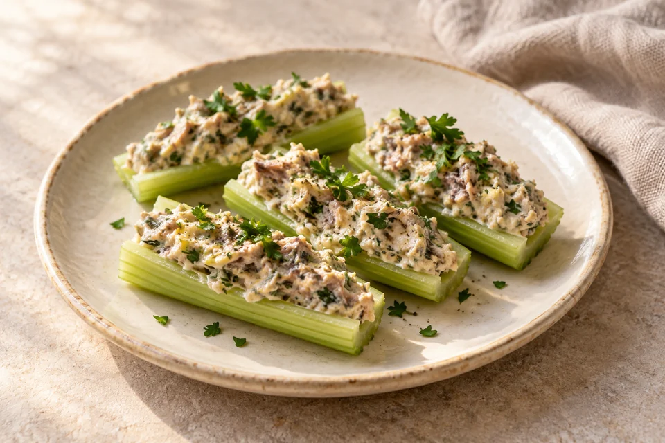 AI-generated serving suggestion for Sardine & Parsley Celery Boats: Crisp celery filled with a lemony sardine spread and a fine scatter of fresh parsley.
