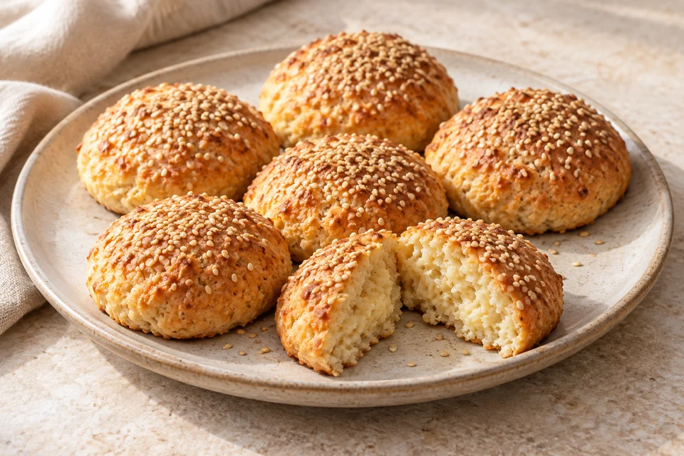 AI-generated serving suggestion for Sesame Almond Buns. Small almond and cheese buns with sesame tops and a soft, close crumb.