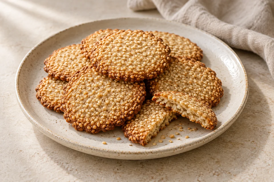 AI-generated serving suggestion for Sesame Almond Crunch Cookies. Thin almond cookies coated in sesame seeds and baked until lightly crisp at the edges.