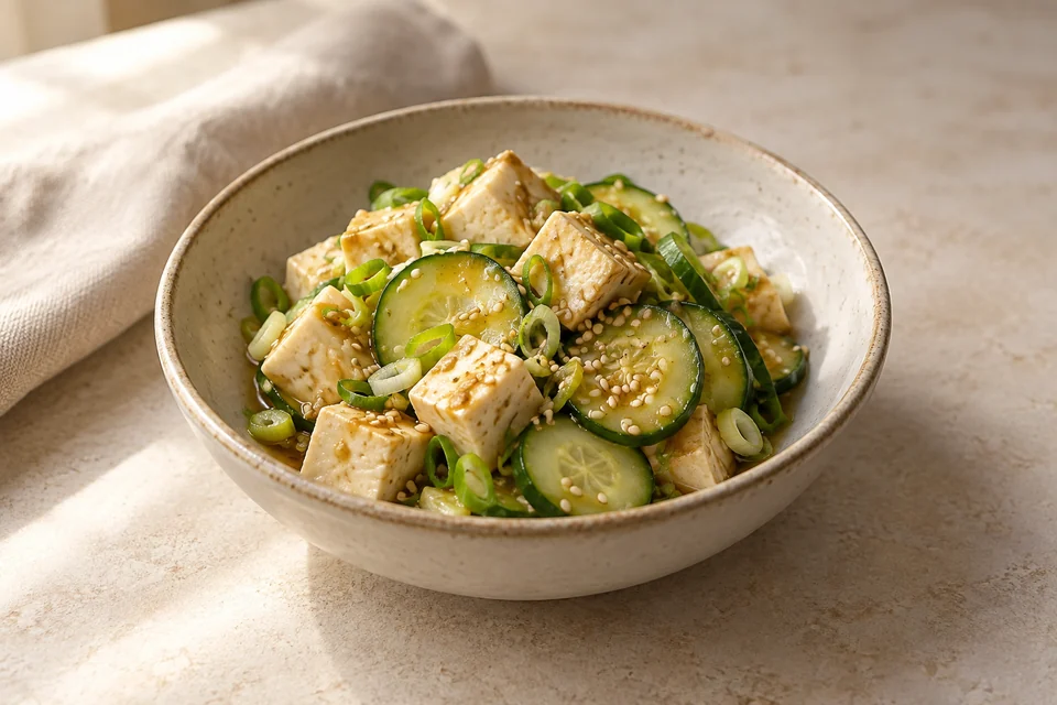 AI-generated serving suggestion for Sesame Tofu & Cucumber Starter Salad: Chilled firm tofu with cucumber and a ginger-sesame dressing, served in small bowls.