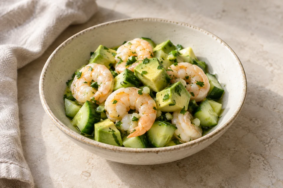 AI-generated serving suggestion for Shrimp, Avocado & Cucumber Salad: A small chilled shrimp salad with diced avocado, cucumber and a lemon-olive oil dressing.