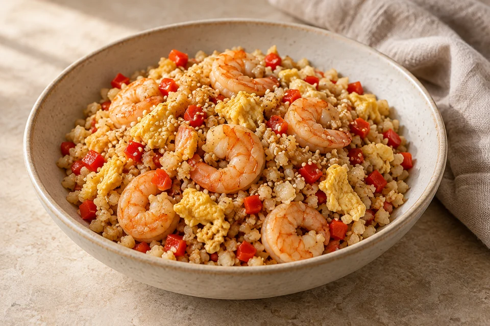 AI-generated serving suggestion for Shrimp & Cauliflower Fried “Rice”. Finely chopped cauliflower stir-fried with shrimp, egg, ginger and sesame.