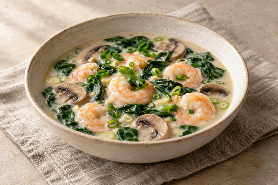 AI-generated serving suggestion for Shrimp, Coconut & Spinach Soup: A gently gingered coconut soup with shrimp, spinach and sliced mushrooms.