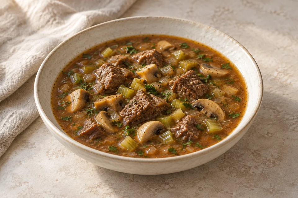 AI-generated serving suggestion for Slow Beef & Mushroom Soup: Tender pieces of beef chuck in a thyme broth with mushrooms and finely diced celery.