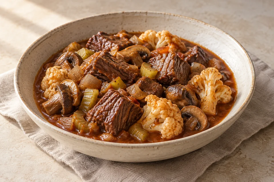 AI-generated serving suggestion for Slow-Braised Beef & Mushrooms. Tender chuck, mushrooms and cauliflower in a thyme-scented tomato gravy. An oven braise for a slower afternoon, with most of the time hands-off.