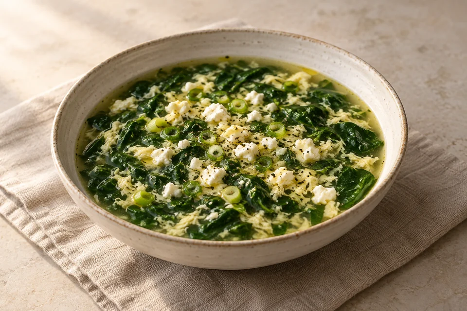 AI-generated serving suggestion for Spinach & Feta Egg-Drop Soup: Fine ribbons of egg in a spinach broth with crumbled feta and lemon.