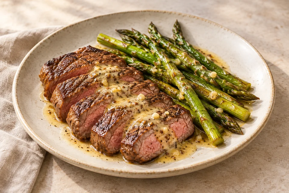 AI-generated serving suggestion for Steak & Asparagus with Mustard Butter. Pan-seared sirloin with tender asparagus and a lemon-mustard butter sauce.